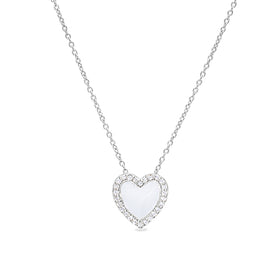 Sterling silver heart pendant with white enamel and pavé border on chain