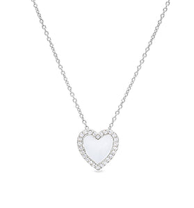 Sterling silver heart pendant with white enamel and pavé border on chain