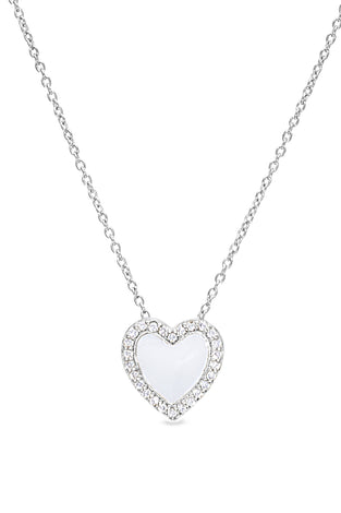 Sterling silver heart pendant with white enamel and pavé border on chain