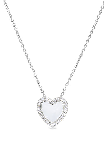 Sterling silver heart pendant with white enamel and pavé border on chain