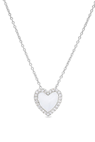 Sterling silver heart pendant with white enamel and pavé border on chain