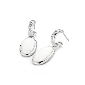 Sterling silver agate drop earrings with oval white stone, hinged hoops