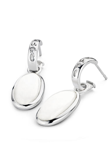 Sterling silver agate drop earrings with oval white stone, hinged hoops
