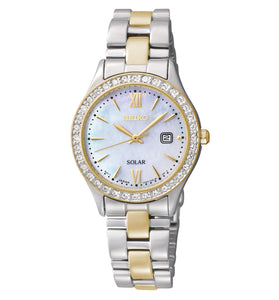 Two-tone Seiko ladies watch with white dial, crystal bezel, Roman numerals, gold accents