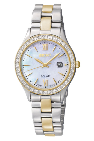 Two-tone Seiko ladies watch with white dial, crystal bezel, Roman numerals, gold accents