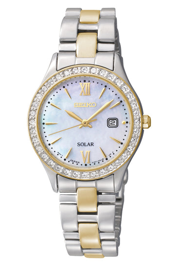 Two-tone Seiko ladies watch with white dial, crystal bezel, Roman numerals, gold accents
