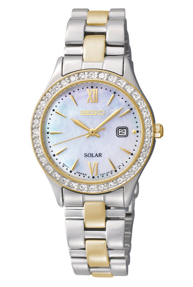 Two-tone Seiko ladies watch with white dial, crystal bezel, Roman numerals, gold accents