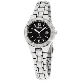 Women's Seiko solar watch, black dial with Roman numerals, jeweled bezel, steel bracelet