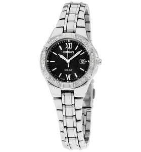 Women's Seiko solar watch, black dial with Roman numerals, jeweled bezel, steel bracelet