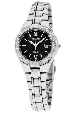 Women's Seiko solar watch, black dial with Roman numerals, jeweled bezel, steel bracelet