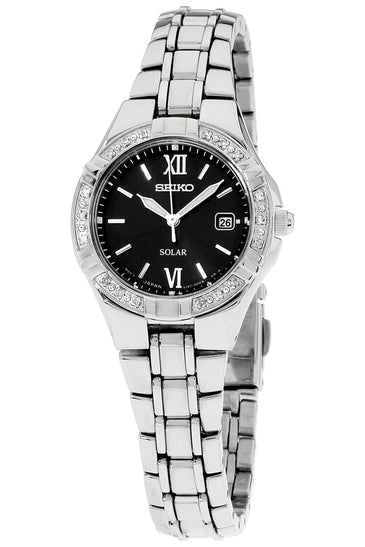 Women's Seiko solar watch, black dial with Roman numerals, jeweled bezel, steel bracelet