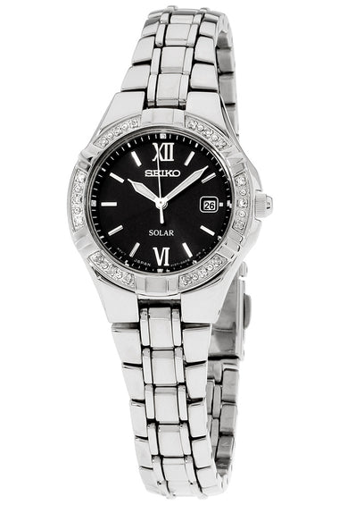 Women's Seiko solar watch, black dial with Roman numerals, jeweled bezel, steel bracelet