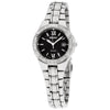 Women's Seiko solar watch, black dial with Roman numerals, jeweled bezel, steel bracelet