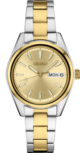 Seiko women's watch: gold dial, baton markers, Monday date, gold-silver bracelet