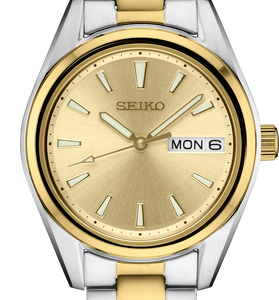 Seiko women's watch: gold dial, baton markers, Monday date, gold-silver bracelet