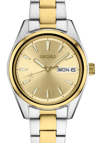 Seiko women's watch: gold dial, baton markers, Monday date, gold-silver bracelet