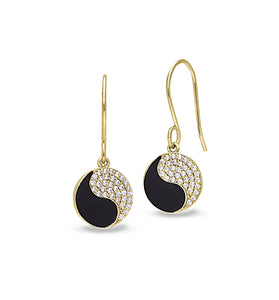 Yin yang dangle earrings with black enamel and silver-tone crystal pavé discs