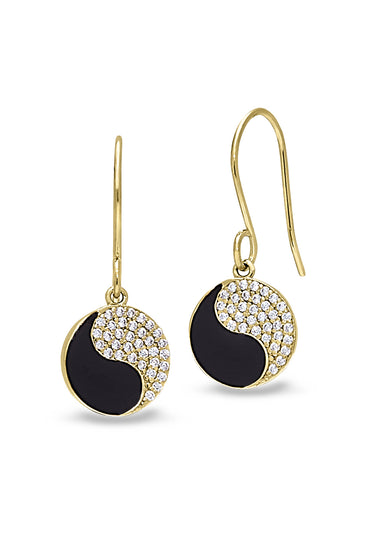 Yin yang dangle earrings with black enamel and silver-tone crystal pavé discs